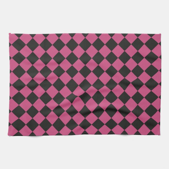 Pink Black Chequered Diamond Pattern  Tea Towel (Horizontal)