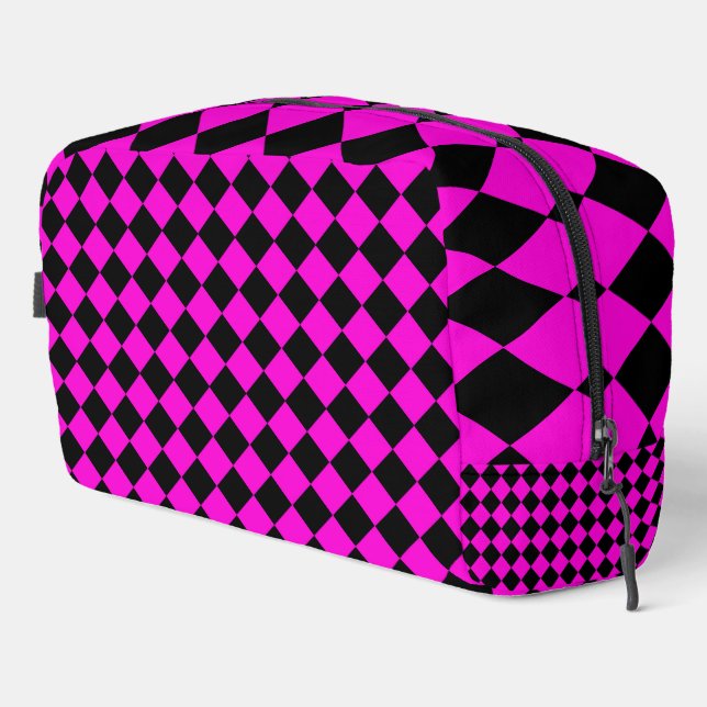 Pink Black Chequered Diamond Pattern Toiletry Bag (Right Corner)