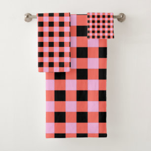 Pink Black Chequered Gingham Pattern Bath Towel Set
