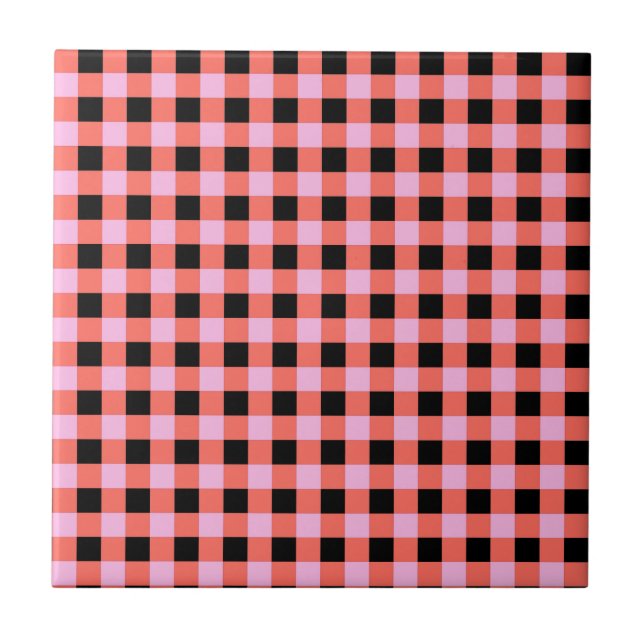 Pink Black Chequered Gingham Pattern Ceramic Tile (Front)