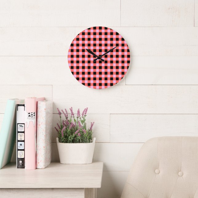 Pink Black Chequered Gingham Pattern Large Clock (Reading Room)