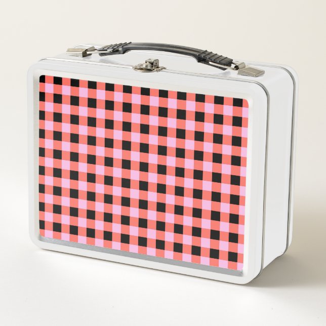 Pink Black Chequered Gingham Pattern Metal Lunch Box (Front)
