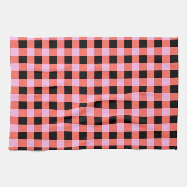 Pink Black Chequered Gingham Pattern Tea Towel (Horizontal)