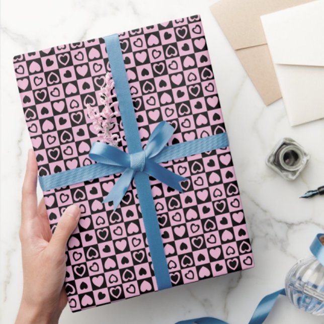 Pink Black Chequered Heart Pattern Wrapping Paper (Creator Uploaded)