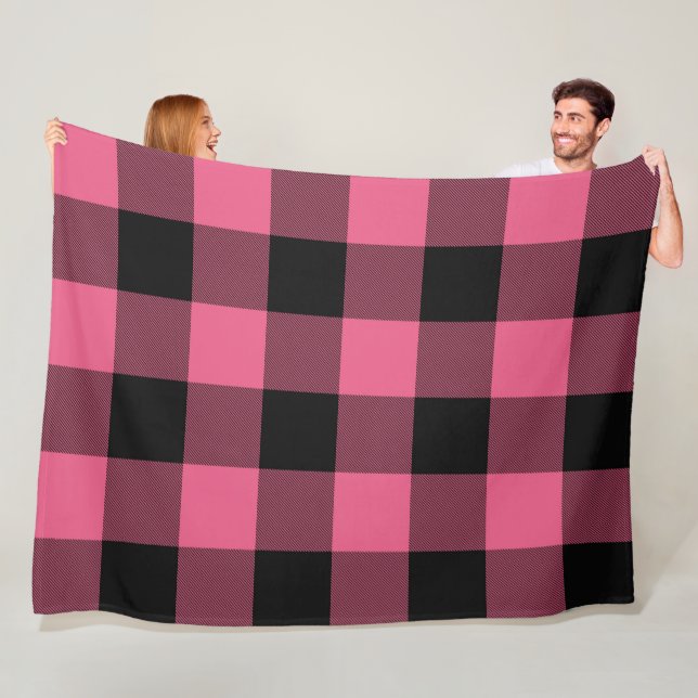 Pink & Black Chequered Squares Buffalo Plaid Fleece Blanket (In Situ)