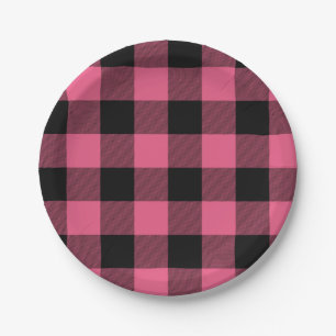 Pink & Black Chequered Squares Buffalo Plaid Paper Plate