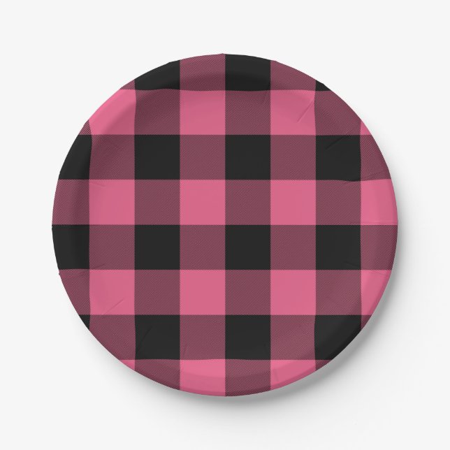 Pink & Black Chequered Squares Buffalo Plaid Paper Plate (Front)