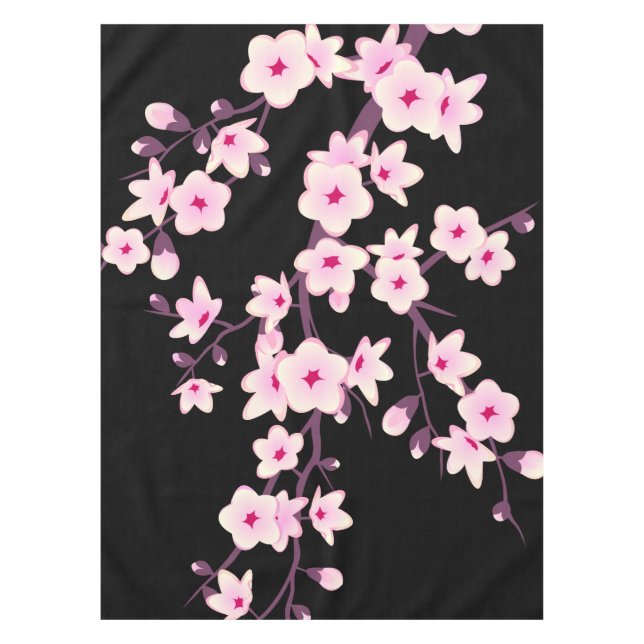 Pink Black Cherry Blossom and Gold Stripes Tablecloth (Front)