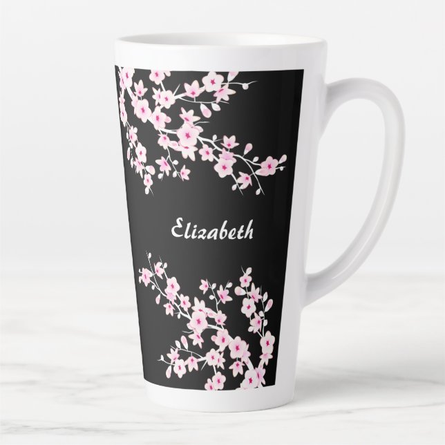 Pink Black Cherry Blossom Monogram  Latte Mug (Right)