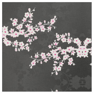 Pink Black Cherry Blossoms Pattern Fabric