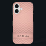 Pink & Black Chevron Faux Rose Gold Foil Monogram iPhone 16 Case<br><div class="desc">Protect your cell phone in style with this chic modern Samsung Galaxy S9 Phone Case. Cover design features a pretty pink faux rose gold foil chevron zig-zag pattern with stripe, and your name or other customised text in a simple black typography font. This elegant and trendy metallic look phone case...</div>
