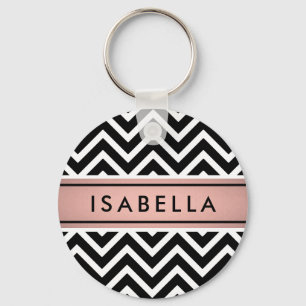 Pink & Black Chevron Pattern Girly Faux Rose Gold Key Ring