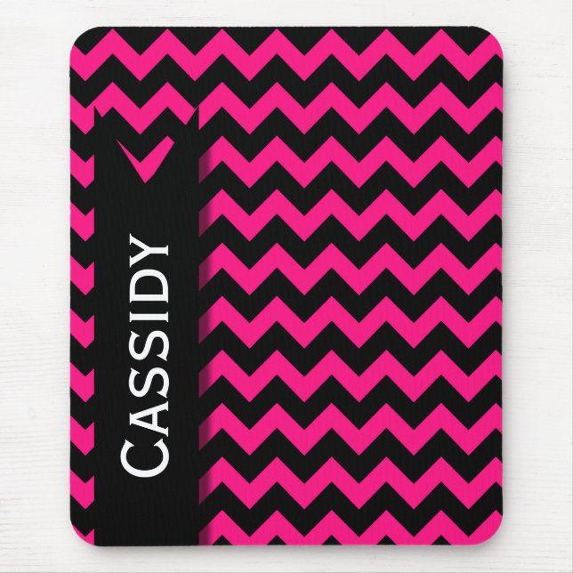Pink / Black Chevron Pattern & Personalised Name Mouse Pad (Front)