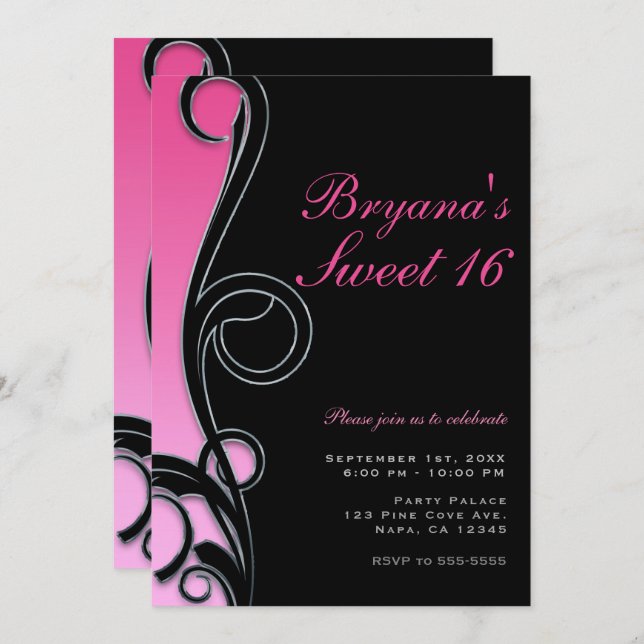 Pink & Black Chic Glam Swirl Sweet 16 Party Invitation (Front/Back)