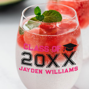 Pink Black Class of 2025 Custom Graduation Party Stemless Wine Glass