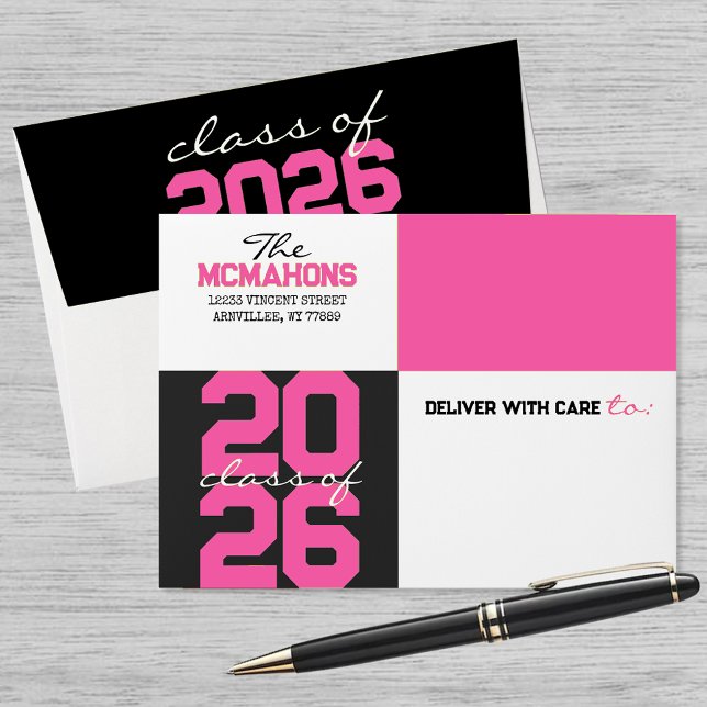 Pink, Black Colour Block Return Address Graduation Envelope (Matching Envelopes, Return Address Labels & Envelope Seals)