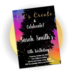 Pink Black Colours Paint Birthday Invitations