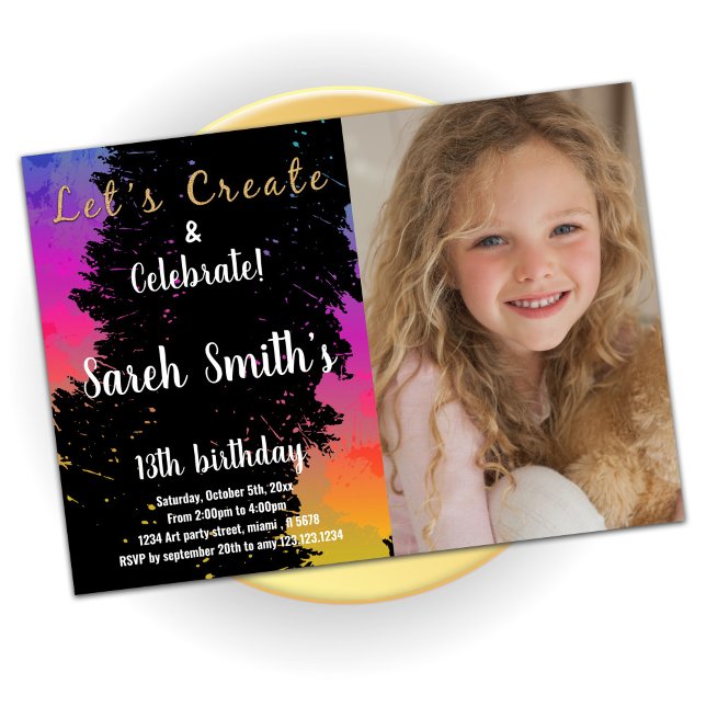 Pink Black Colours Paint Birthday With Photo Invitation (Creator Uploaded)