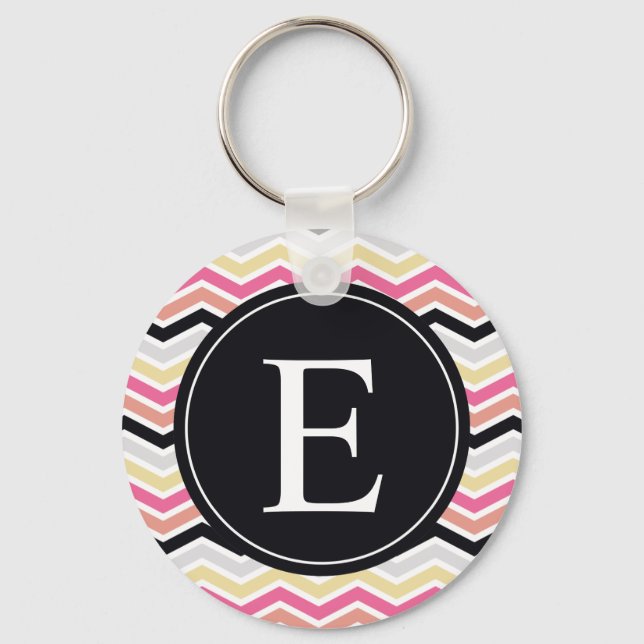 Pink Black Coral Chevron Monogram Key Ring (Front)