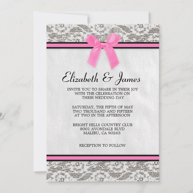 Pink & Black Country Lace Wedding Invitations (Front)