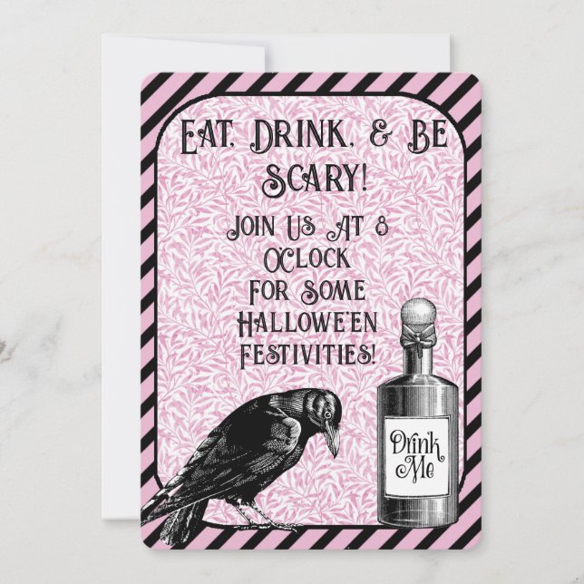 Pink Black Crow Raven Halloween Invitation (Front)