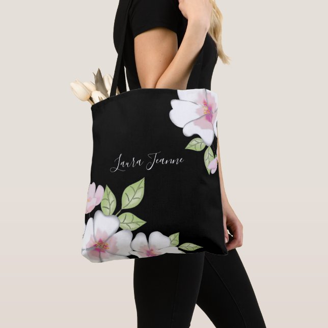 Pink Black Custom Floral Botanical Cherry Blossoms Tote Bag (Close Up)