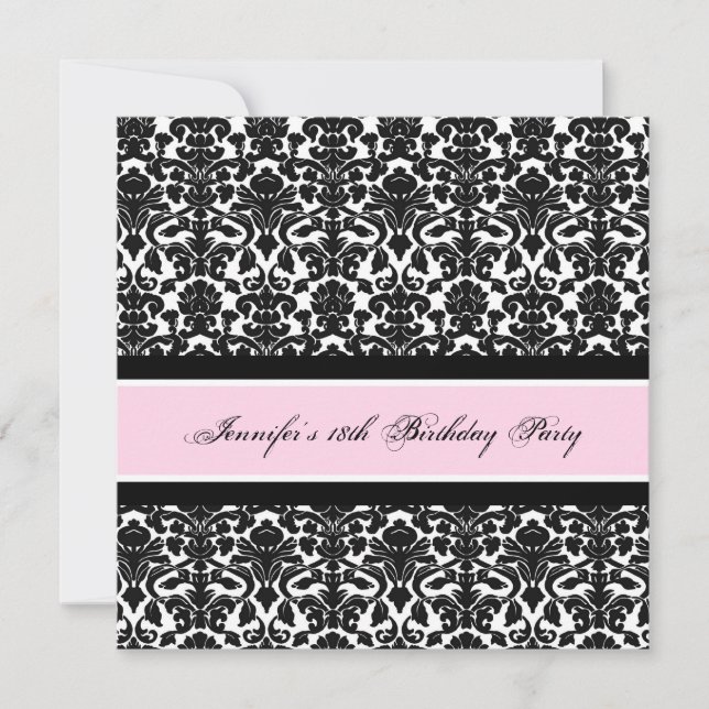 Pink Black Damask 18th Birthday Party Invitations (Front)