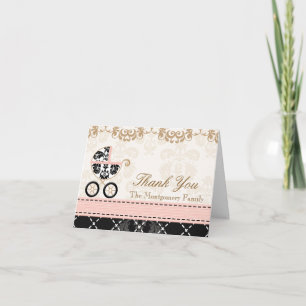 Pink Black Damask Baby Carriage Shower Thank You Card
