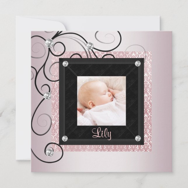 Pink Black Damask Baby Girl Photo Birth Announcement (Front)