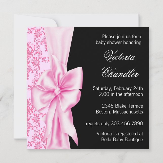 Pink Black Damask Bow Elegant Baby Girl Shower Invitation (Front)