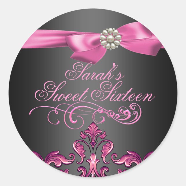 Pink/Black Damask & Bow Sweet 16 Envelope seal (Front)