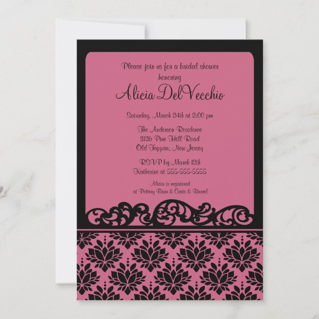 Pink & Black Damask Bridal Shower Invitation (Front)
