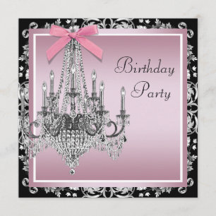 Pink Black Damask Chandelier Birthday Party Invitation