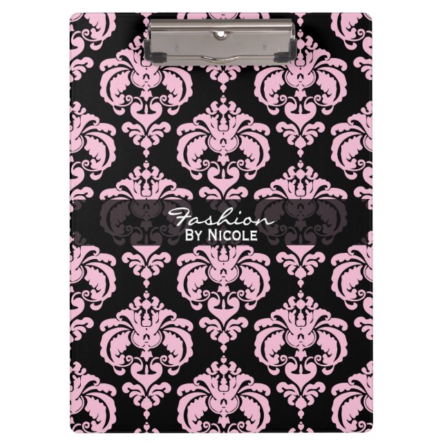 Pink & Black Damask Chic Elegant Glam Personalised Clipboard (Front)