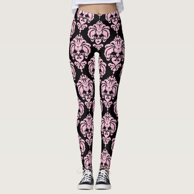 Pink & Black Damask Chic Modern Elegant Pattern Leggings (Front)