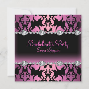 Pink & Black Damask & Diamond Bachelorette Invite
