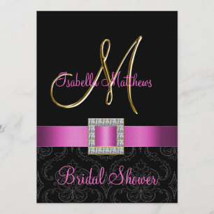 Pink Black Damask Gold Initial Bridal Shower Invitation