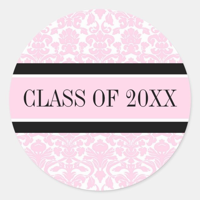 Pink Black Damask Graduation Custom Year Classic Round Sticker (Front)