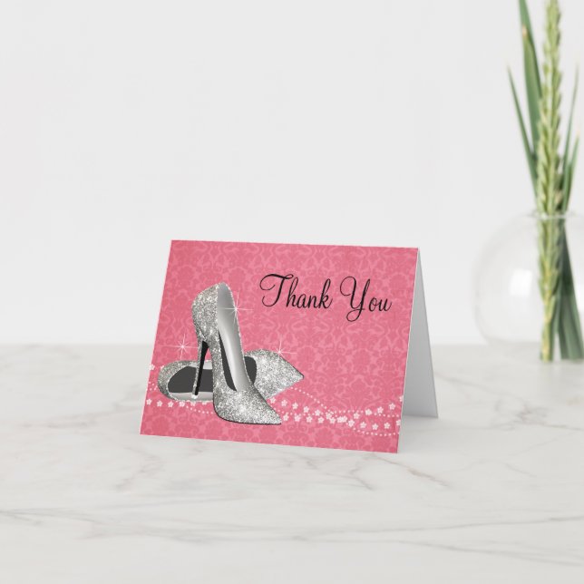 Pink Black Damask High Heels Thank You Card (Front)