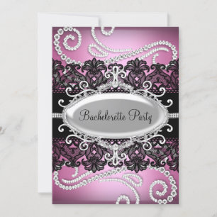 Pink Black Damask Lace & Jewels Bachelorette Party Invitation