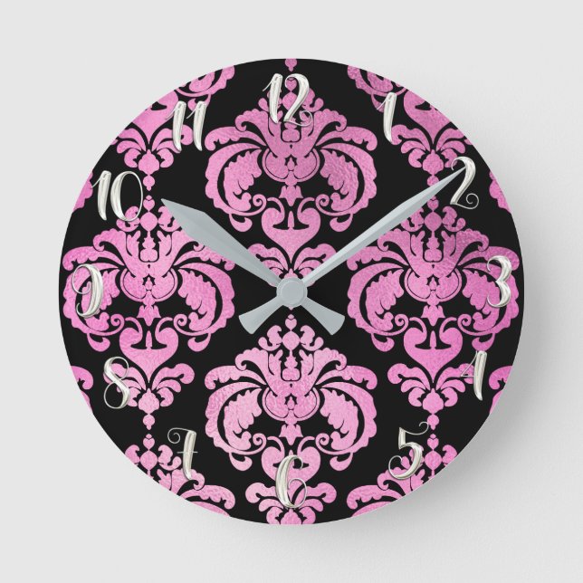 Pink & Black Damask Modern Personalised Round Clock (Front)