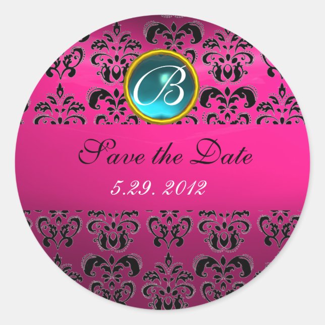 PINK BLACK DAMASK MONOGRAM , blue turquase,fuchsia Classic Round Sticker (Front)