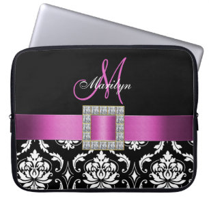 PINK, BLACK DAMASK MONOGRAM LAPTOP SLEEVE