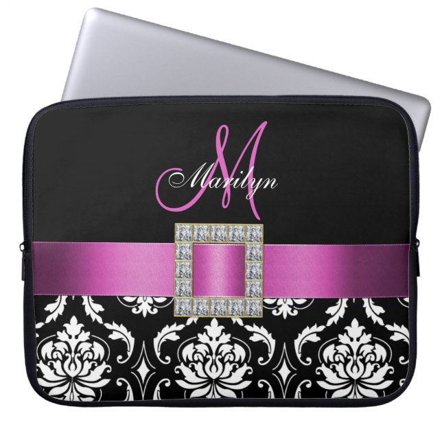 PINK, BLACK DAMASK MONOGRAM LAPTOP SLEEVE (Front)