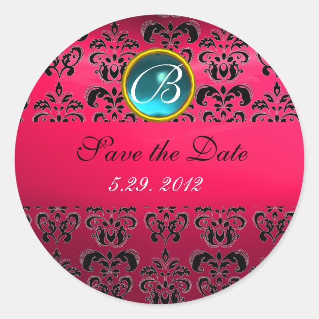 PINK BLACK DAMASK MONOGRAM ,red ruby ,fuchsia blue Classic Round Sticker (Front)