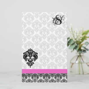 Pink & Black Damask Monogram Stationery