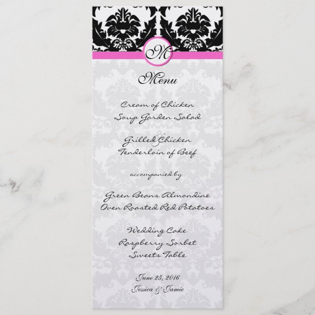 Pink & Black Damask on Silver Metallic Wedding Menu (Front)