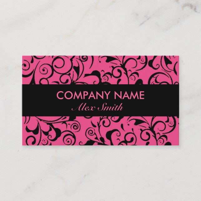Pink black damask pattern custom business cards (Front)