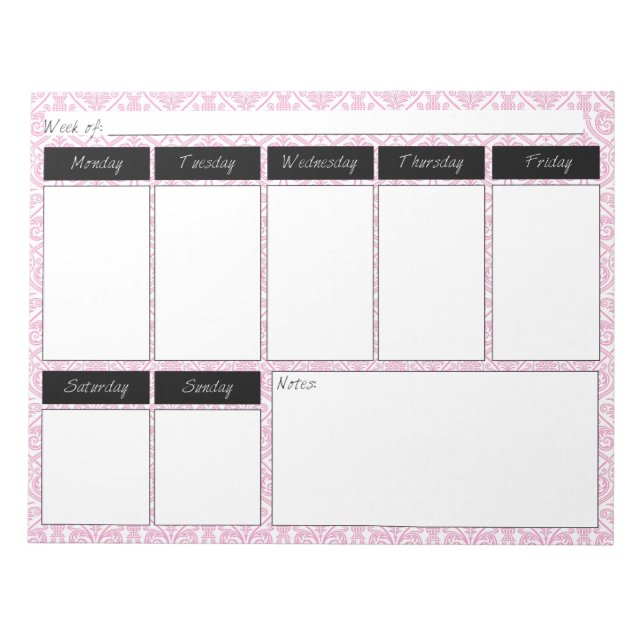 Pink & Black Damask Pattern Weekly Pattern Notepad (Front)