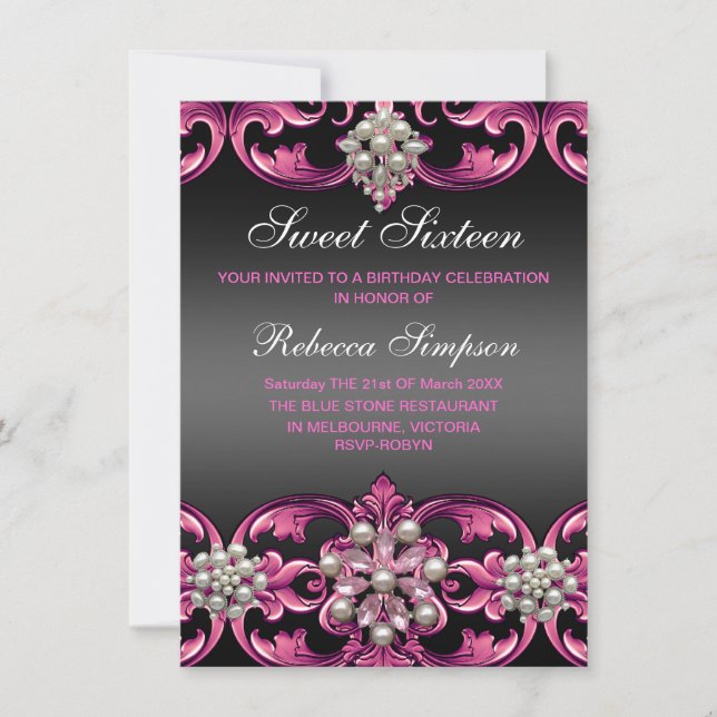 Pink/Black Damask & Pearl Sweet 16 Birthday Invite (Front)